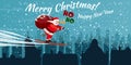 Merry Christmas Santa Claus flying in the night sky by ski with sack full gifts Royalty Free Stock Photo