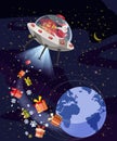 Merry Christmas Santa Claus flying in UFO spaceship flying saucer with gift boxes in space Earh night. Vector Royalty Free Stock Photo