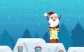 Merry christmas. Santa Claus on gift box in the chimney on the roof. Christmas and Happy new year banner. Royalty Free Stock Photo