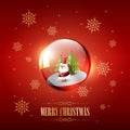 Merry Christmas with Santa Claus in glass sphere bubble and snowflake on red background, vector illustration