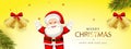 Merry Christmas! Santa Claus greets in Christmas snow scene winter landscape. Christmas cute cartoon character. Royalty Free Stock Photo