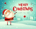 Merry Christmas! Santa Claus greets in Christmas snow scene winter landscape. Royalty Free Stock Photo