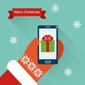 Merry Christmas Santa Claus Hands Hold Smartphone Flat Vector Illustration Royalty Free Stock Photo