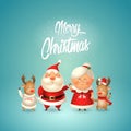 Merry Christmas - Santa Claus his wife Mrs Claus and two Reindeer celebrate winter holidays - Greeting card vector illustration Royalty Free Stock Photo