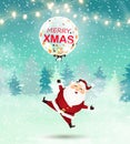 Merry Christmas. Santa Claus is holding Big transparent realistic balloon with confetti in snow scene. Winter Christmas Woodland L