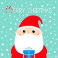 Merry Christmas. Santa Claus holding gift box. Funny face head. Candy cane. New Year. Red hat. Moustaches, beard. Cute cartoon Royalty Free Stock Photo