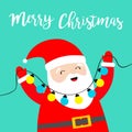 Merry Christmas. Santa Claus holding lightbulb glowing garland fairy lights. Xmas decoration. Cute cartoon kawaii funny baby Royalty Free Stock Photo