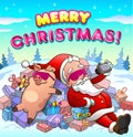 Merry christmas. Santa Claus and pig in cool pink sunglasses lying on a pile of gifts. Vector illustration for christmas Royalty Free Stock Photo