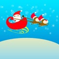 Merry Christmas with Santa Claus and Reindeers on Sleigh flying above Mountain View Falling Snow blue sky Wallpaper Background Royalty Free Stock Photo