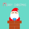 Merry Christmas. Santa Claus in the roof chimney holding gift box. Red hat, costume, beard. Happy New Year. Cute cartoon kawaii Royalty Free Stock Photo