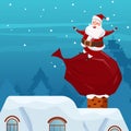 Merry Christmas. Santa Claus sitting on bag of gifts on chimney at the roof. Christmas and Happy New Year. Royalty Free Stock Photo