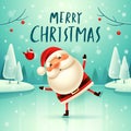 Merry Christmas! Santa Claus on skates in Christmas snow scene winter landscape Royalty Free Stock Photo