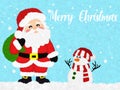 Merry Christmas Santa Claus and Snowman cute standing on snow, design with fur and feather brush. Snowing in winter theme. Royalty Free Stock Photo