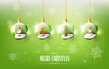 Merry Christmas with Santa Claus, Snowman and Reindeer in Christmas ball, Hanging Christmas ball on green Snowflake background