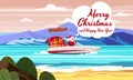 Merry Christmas Santa Claus on speed boat on ocean sea tropical island mountains seaside. Vector illustration isolated Royalty Free Stock Photo