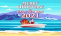 Merry Christmas Santa Claus on speed boat on ocean sea tropical island palms mountains seaside delivering shipping gifts Royalty Free Stock Photo