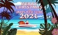 Merry Christmas Santa Claus on speed boat on ocean sea tropical island palms mountains seaside delivering shipping gifts Royalty Free Stock Photo