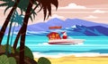 Merry Christmas Santa Claus on speed boat on ocean sea tropical island palms mountains seaside. Vector illustration Royalty Free Stock Photo
