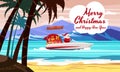 Merry Christmas Santa Claus on speed boat on ocean sea tropical island palms mountains seaside. Vector illustration Royalty Free Stock Photo