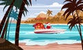 Merry Christmas Santa Claus on speed boat on ocean sea tropical island palms mountains seaside. Vector illustration Royalty Free Stock Photo