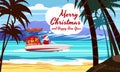 Merry Christmas Santa Claus on speed boat on ocean sea tropical island palms mountains seaside. Vector illustration Royalty Free Stock Photo