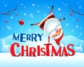 Merry Christmas! Santa Claus standing on his arm in Christmas snow scene winter landscape. Royalty Free Stock Photo