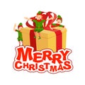 Merry Christmas. Santa Elf helper and box. happy Elves Royalty Free Stock Photo