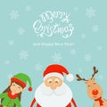 Merry Christmas and Santa with elf and reindeer on a blue background Royalty Free Stock Photo