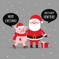 Merry Christmas Santa and Pig having fun together. Ho-ho-ho. Vector Royalty Free Stock Photo