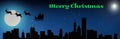 Merry Christmas - Santa\'s Slay is set against a dark silhouette skyline (Chicago) with a large moon & twinkling stars on Christma