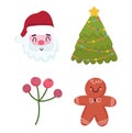 Merry christmas, santa tree gingerbread cookie and holly berry icons