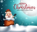 Merry christmas santa vector background design. Merry christmas greeting text with friendly santa claus character waving in roof. Royalty Free Stock Photo