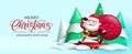 Merry christmas santa vector design. Christmas text in snow outdoor with walking santa claus character holding xmas gifts elements