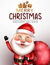 Merry christmas santa vector design. Merry christmas text with friendly and happy santa claus character waving and holding sack.