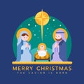 Merry christmas, the savior is born - The Nativity with mary and joseph in a manger with baby Jesus and light star, cute character