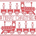Merry Christmas Scandinavian seamless Nordic pattern with gravy train, Xmas gifts, heart stars, snowflakes in red cross stitch Royalty Free Stock Photo