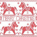 Merry Christmas Scandinavian seamless Nordic pattern , rocking dala pony horse, stars, snowflakes in red cross stitch Royalty Free Stock Photo