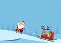 Merry Christmas scene with Santa Claus pulling Santa Claus`s sleigh and reindeer on pine forest winter landscape background. Royalty Free Stock Photo