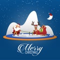 Merry Christmas scene with Santa Claus pulling Santa Clauss sleigh and reindeer. Cartoon character. Vector Royalty Free Stock Photo