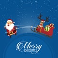 Merry Christmas scene with Santa Claus pulling Santa Clauss sleigh and reindeer. Cartoon character. Vector