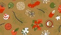 Christmas seamless pattern. Food, drinks, spices, plants, decorations. Isolated festive objects for your design.