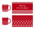 Merry Christmas seamless knit print with snowflakes and zigzag border. Cup with Xmas knitting texture. Holiday design