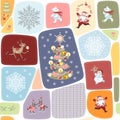 Merry Christmas. Seamless patchwork pattern with Christmas tree, Santa Claus, funny deer, polar bear, lovely raccoons, snowman Royalty Free Stock Photo