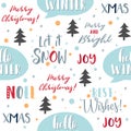 Merry Christmas seamless pattern background with calligraphy, lettering, snowflakes, christmas tree. Wrapping paper Royalty Free Stock Photo