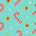 Merry Christmas Seamless Pattern. Candy Cane red white stick. Holly berry icon. Cute Mistletoe. Green leaf. Three red berries. Royalty Free Stock Photo