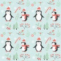 Merry christmas seamless pattern. Cute penguin in winter forest repeating texture.Little penguins wearing santa claus Royalty Free Stock Photo