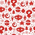 Merry Christmas seamless pattern design with different fir tree toys and balls, snowflakes and stars. Royalty Free Stock Photo