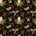 Merry Christmas seamless pattern. hand painted candles, holiday pine branches, holly berries. Red and green elements on dark Royalty Free Stock Photo
