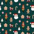 Merry Christmas seamless pattern. Red and green joyful background with Santa, nutcracker and ginger toys. Royalty Free Stock Photo