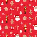 Merry Christmas seamless pattern. Red joyful background with Santa, nutcracker and ginger toys. Royalty Free Stock Photo